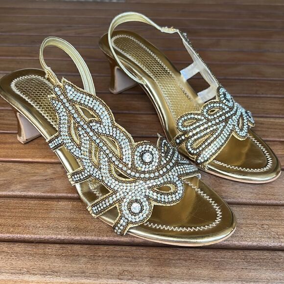 Gold Rhinestone Sandals with Elastic Back Great for a Formal or Special Event! - Picture 1 of 8